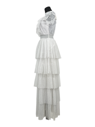 White And Black Polka Dots Mesh Long Ruffled Dress