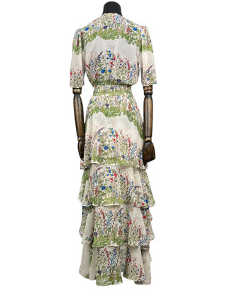 Botanical Print Long Ruffled Dress