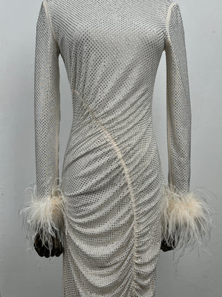 Cream Rhinestone Feather Midi Dress