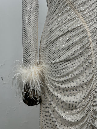 Cream Rhinestone Feather Midi Dress
