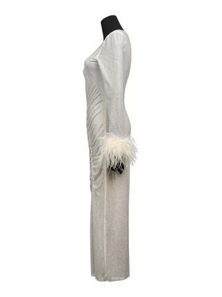 Cream Rhinestone Feather Midi Dress