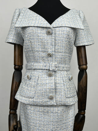 Light Blue Tweed One-Piece Dress With Wide Shoulder Opening