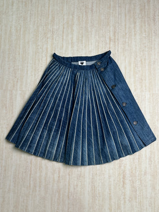 Blue Denim A-Line Long Skirt With Pleated Back