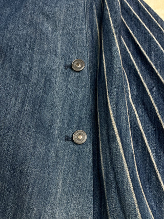 Blue Denim A-Line Long Skirt With Pleated Back