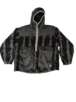 Black Fleece And Nylon Pullover With Hood And 2 Front Pockets Details