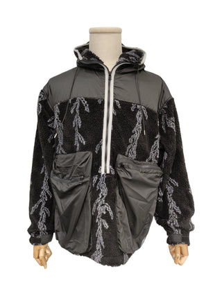 Black Fleece And Nylon Pullover With Hood And 2 Front Pockets Details