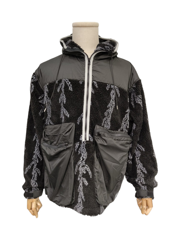 Black Fleece And Nylon Pullover With Hood And 2 Front Pockets Details