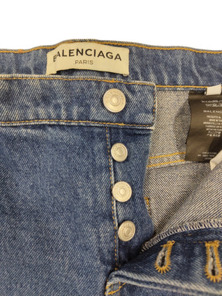 Blue Denim Cropped Buttoned Up Jeans With Darker Shaded Sides