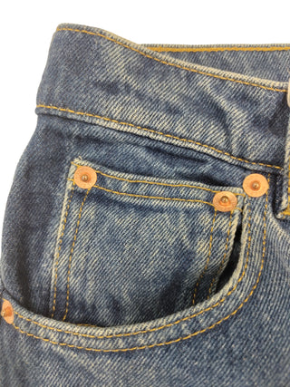 Blue Denim Cropped Buttoned Up Jeans With Darker Shaded Sides