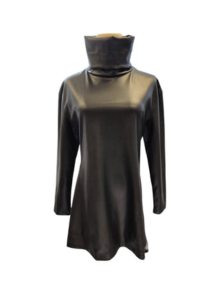 Black Faux Leather Turtle Neck One-Piece Dress