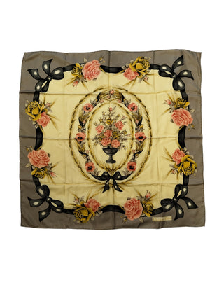 Grey And Yellowish Tone Silk Square Scarf With Floral Print