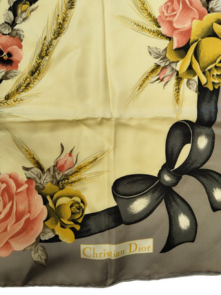 Grey And Yellowish Tone Silk Square Scarf With Floral Print