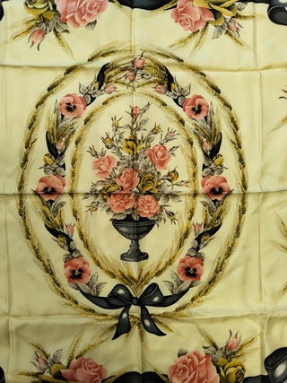 Grey And Yellowish Tone Silk Square Scarf With Floral Print