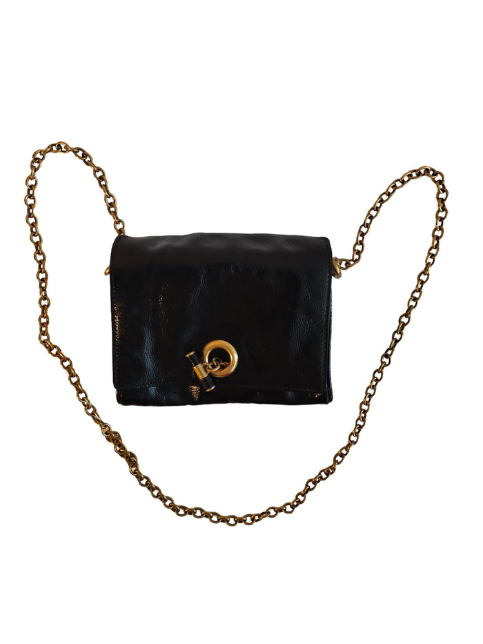 Black Patent Mini Shoulder Bag with Gold Chain Strap