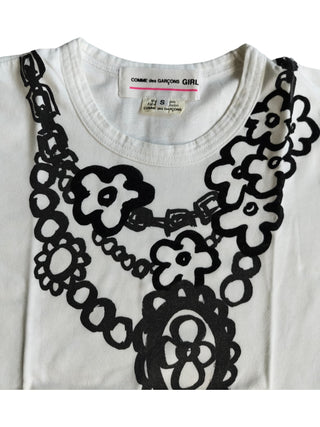 White T-Shirt With Black Floral Necklace Print