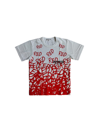 White T-Shirt With Red Celebration Random Print