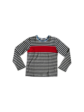 Long Sleeved Striped Tee With Red Color Block On The Front