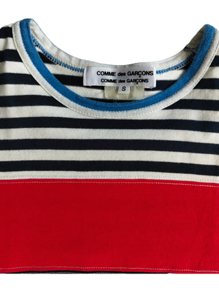 Long Sleeved Striped Tee With Red Color Block On The Front