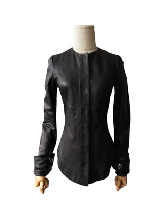 Black Round Neck Lamb Leather Jacket