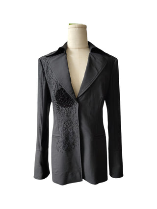 Black Thin Wool Blazer With On-Tone Embroidery