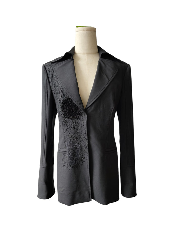 Black Thin Wool Blazer With On-Tone Embroidery