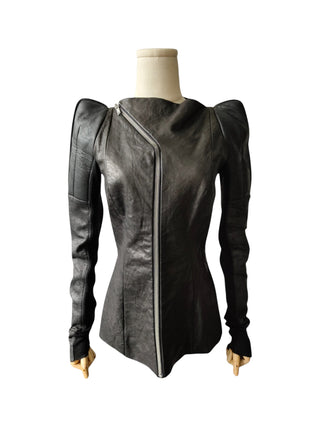 Black Zip Up Leather Jacket With Iconic Pagoda Shoulders