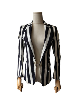Black And White Striped One-Button Veiled Suit With Matching Long Pants
