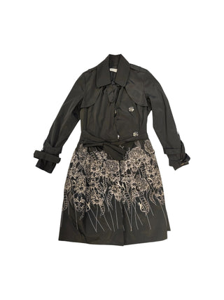 Black Trench Coat With Beige Print At The Bottom And A Matching Belt Strap