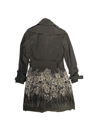 Black Trench Coat With Beige Print At The Bottom And A Matching Belt Strap