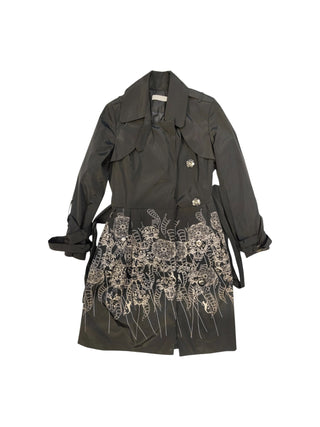 Black Trench Coat With Beige Print At The Bottom And A Matching Belt Strap