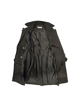 Black Trench Coat With Beige Print At The Bottom And A Matching Belt Strap