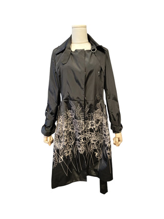 Black Trench Coat With Beige Print At The Bottom And A Matching Belt Strap