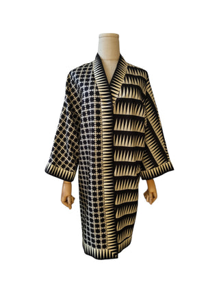 Black And Beige Silk Mid Length Coat With Overall Graphic Print