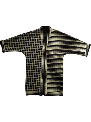 Black And Beige Silk Mid Length Coat With Overall Graphic Print