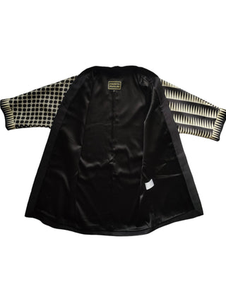 Black And Beige Silk Mid Length Coat With Overall Graphic Print