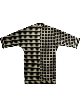 Black And Beige Silk Mid Length Coat With Overall Graphic Print