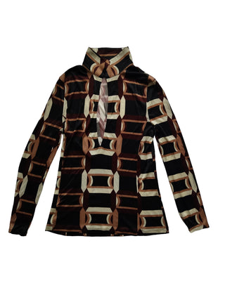 Brown Tone Retro Print Low-V Blouse