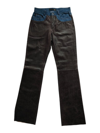Brown Leather And Denim Mixed Straight Leg Pants