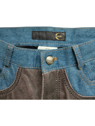 Brown Leather And Denim Mixed Straight Leg Pants