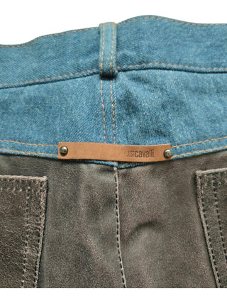 Brown Leather And Denim Mixed Straight Leg Pants