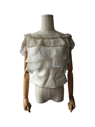 Cream Silk Evening Top With Sequence And Ruffles