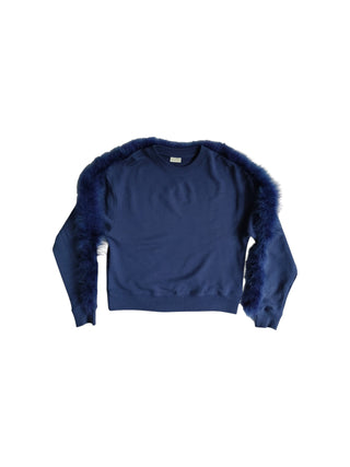 Midnight Blue Cotton Sweatshirt With Decorative On Tone Feather