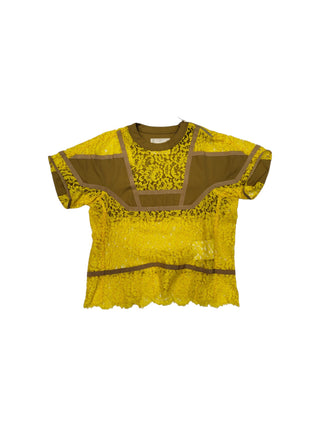 Mustard Yellow Lace And Light Brown Cotton Mixed T-Shirt