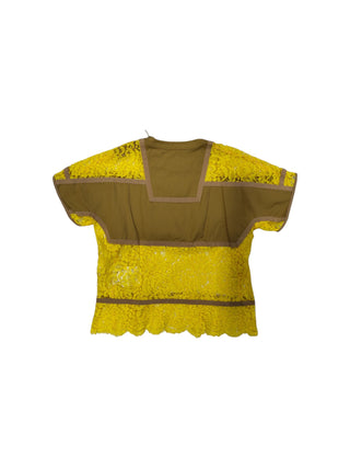 Mustard Yellow Lace And Light Brown Cotton Mixed T-Shirt
