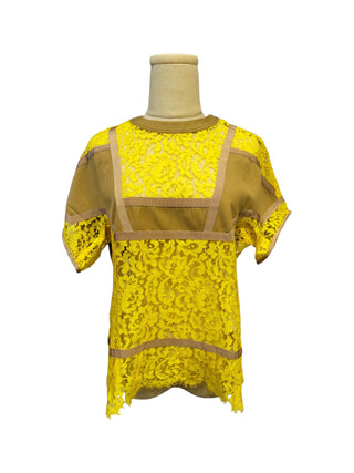 Mustard Yellow Lace And Light Brown Cotton Mixed T-Shirt