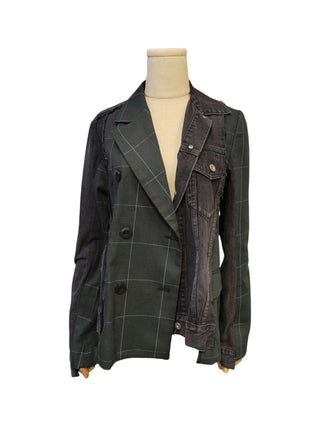 Black Denim And Dark Olive Checkered Blazer Jacket