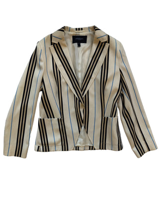 Beige Wool Thin Blazer With Blue And Black/Khaki Stripes
