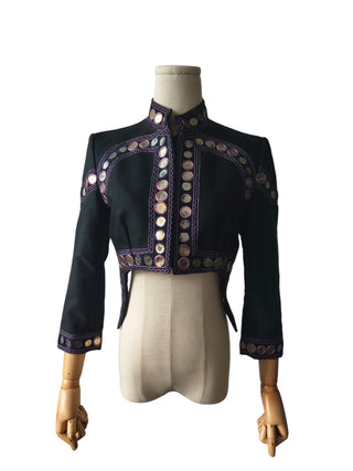 Black Cropped 3/4 Length Sleeves With Ethnic Decorations