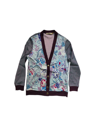 Burgundy 4-Buttoned Cardigan With Floral Print Front And Striped Sleeves