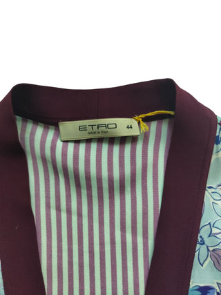 Burgundy 4-Buttoned Cardigan With Floral Print Front And Striped Sleeves